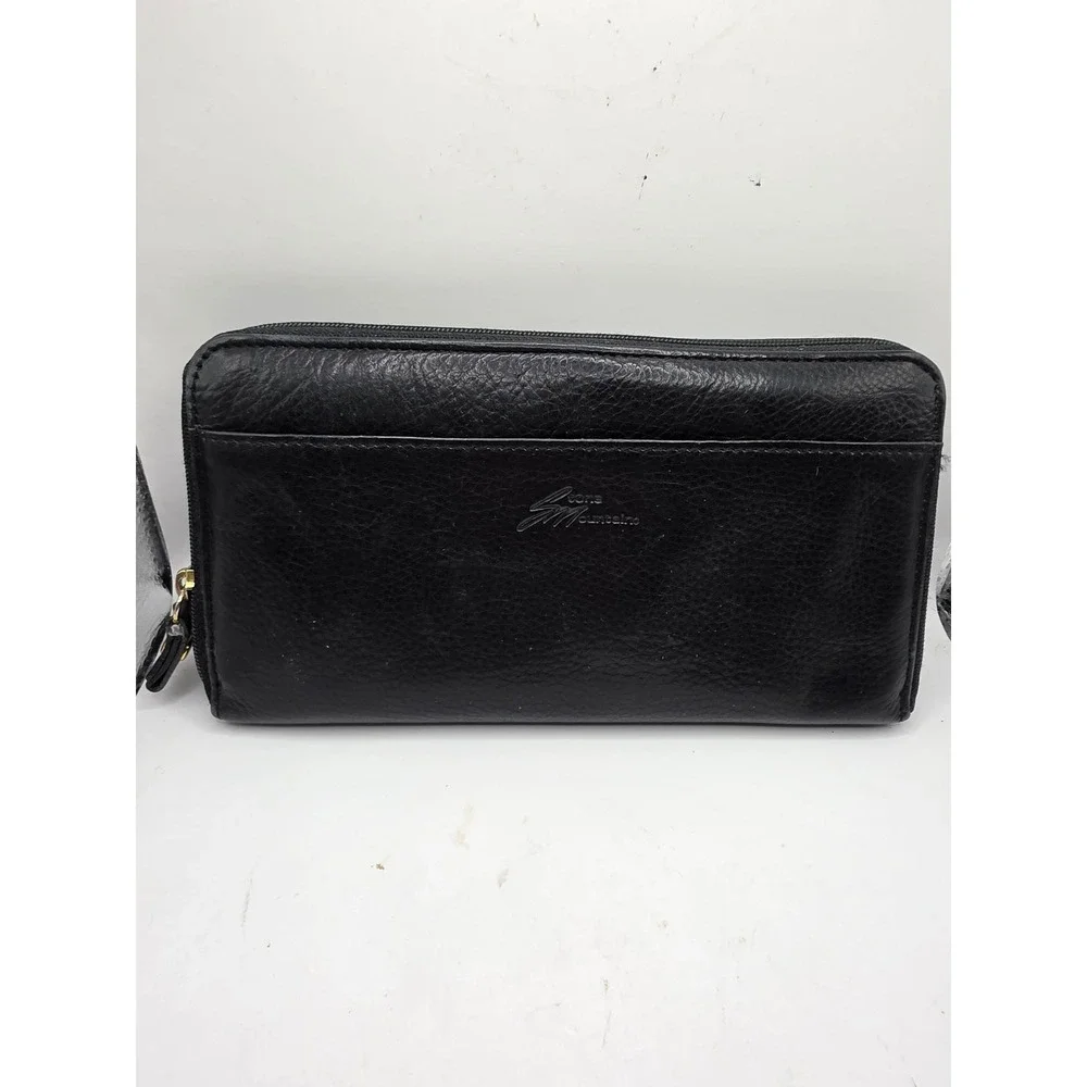 Stone Mountain Black Pebbled Leather Zip Around Long Wallet Organizer